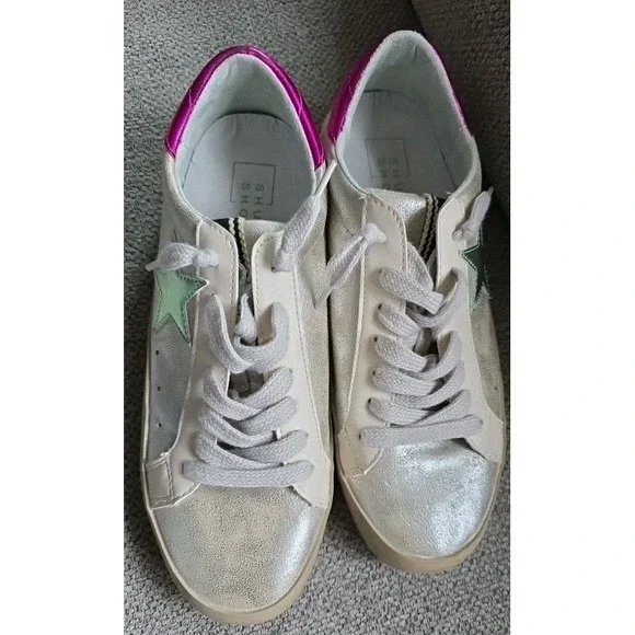 Shu Shop Paula Silver Distressed Shoes Sneakers Shiny Star US 7.5 - Picture 12 of 13